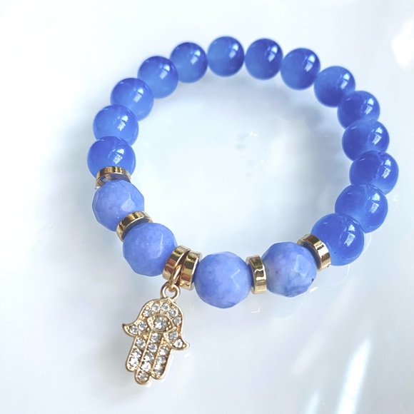 Blue Agate & Blue Chalcedony Stretch Bracelet w/Gold Pave Rhinestone Hamsa Charm - Picture 6 of 8